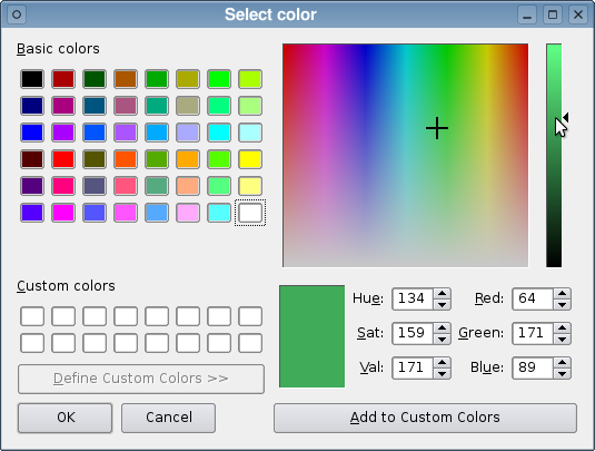 A color dialog in the Plastique widget style.